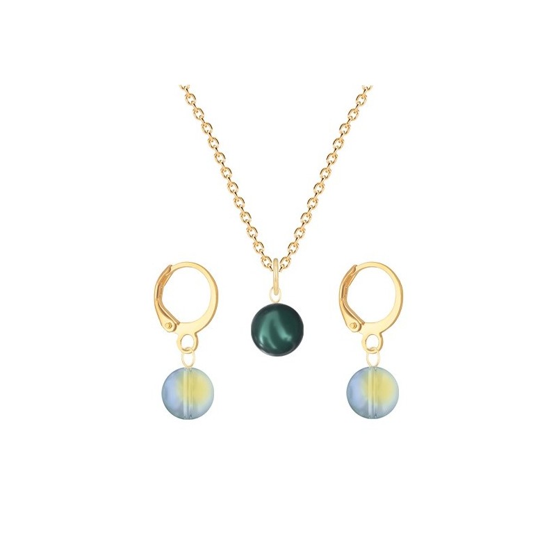 Gold Plated Premium Steel Iridescent Tahitian Crystal Pearl Pendant With Iridescent Green Austria Globe Hoop Earrings