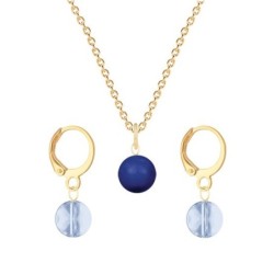 Gold Plated Premium Steel Dark Lapis Crystal Pearl Pendant With Blue Shade Austria Globe Hoop Earrings Set