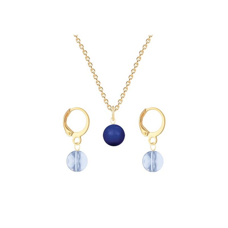 Gold Plated Premium Steel Dark Lapis Crystal Pearl Pendant With Blue Shade Austria Globe Hoop Earrings Set