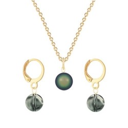 Gold Plated Premium Steel Scarabaeus Green Crystal Pearl Pendant With Black Diamond Austria Globe Hoop Earrings Set