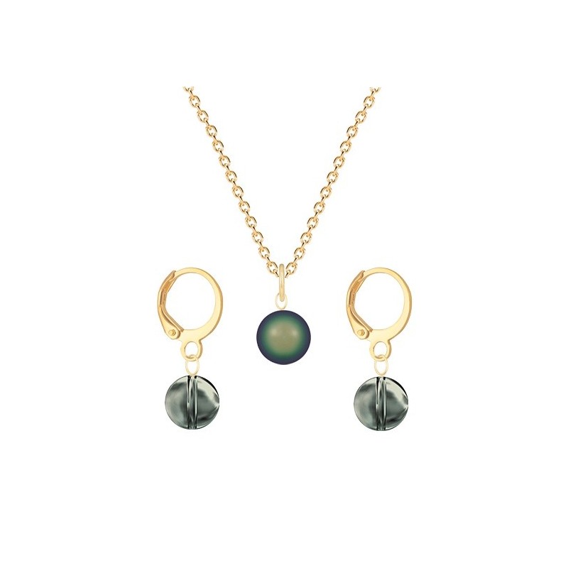 Gold Plated Premium Steel Scarabaeus Green Crystal Pearl Pendant With Black Diamond Austria Globe Hoop Earrings Set