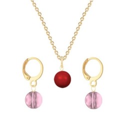 Gold Plated Premium Steel Corel Red Crystal Pearl Pendant With Antique Pink Austria Globe Hoop Earrings Set