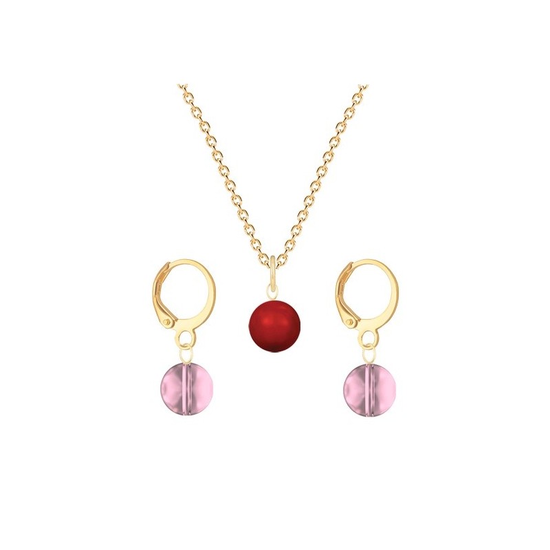 Gold Plated Premium Steel Corel Red Crystal Pearl Pendant With Antique Pink Austria Globe Hoop Earrings Set