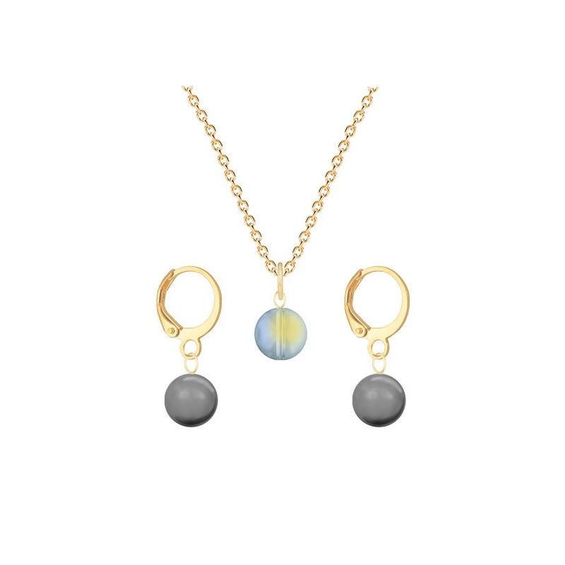 Gold Plated Premium Steel Iridescent Green 8mm Austria Globe Pendant With Grey Crystal Pearl Hoop Earrings Set