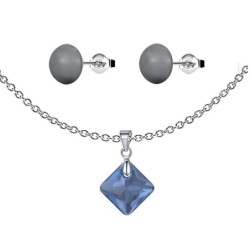 December Birthstone Montana Princess Cut Crystal Pendant With Dark Grey Cabochon 10mm Crystal Pearls Stud Earrings Set