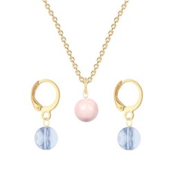 Gold Plated Premium Steel Rosaline Pink Crystal Pearl Pendant With Blue Shade Austria Globe Hoop Earrings Set