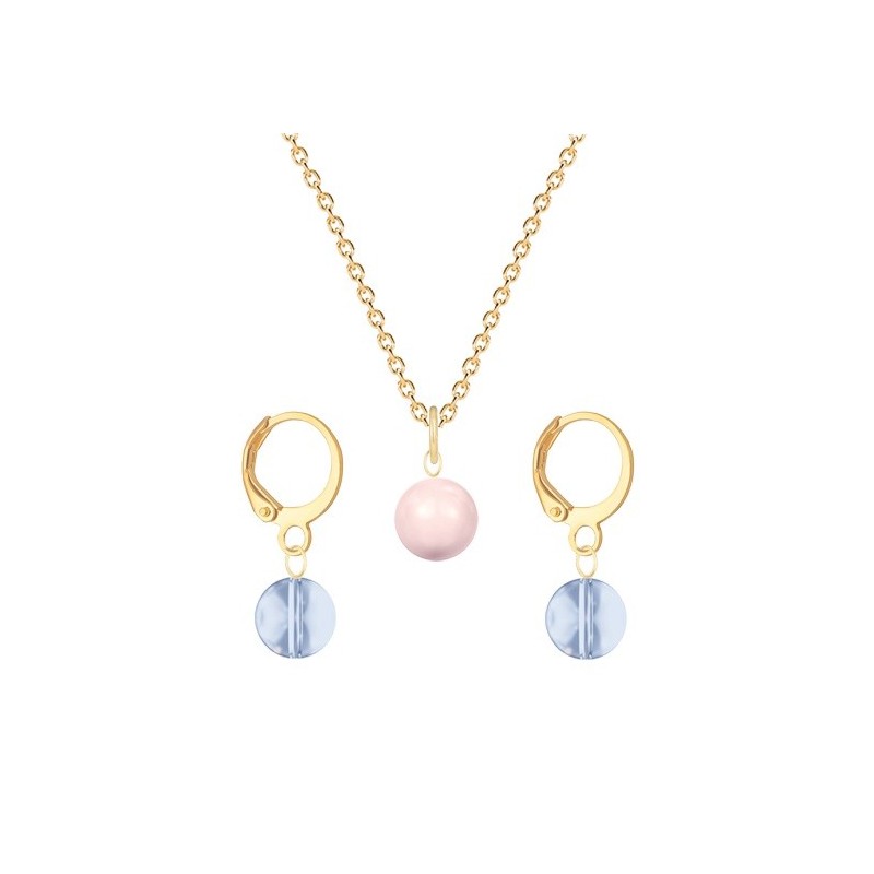 Gold Plated Premium Steel Rosaline Pink Crystal Pearl Pendant With Blue Shade Austria Globe Hoop Earrings Set