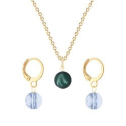 Gold Plated Premium Steel Iridescent Tahitian Crystal Pearl Pendant With Blue Shade Austria Globe Hoop Earrings Set