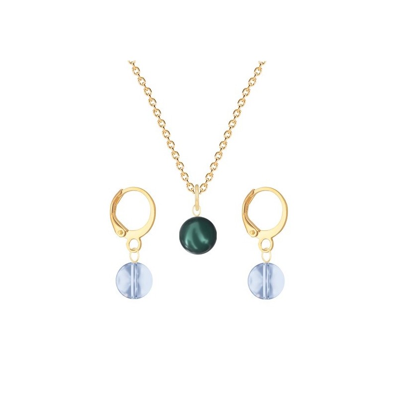 Gold Plated Premium Steel Iridescent Tahitian Crystal Pearl Pendant With Blue Shade Austria Globe Hoop Earrings Set