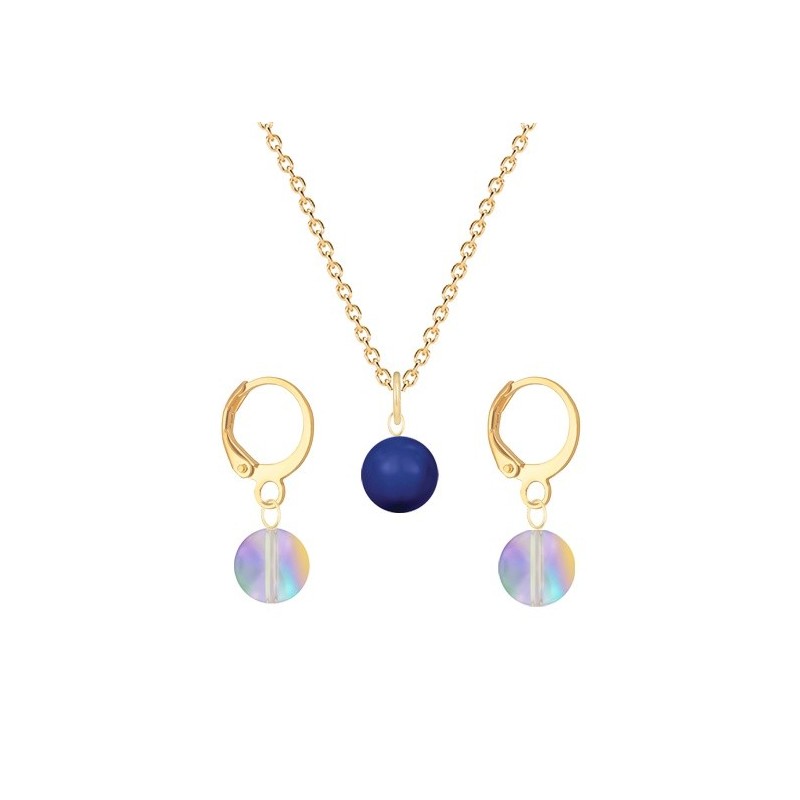 Gold Plated Premium Steel Dark Lapis Crystal Pearl Pendant With Paradise Shine Austria Globe Hoop Earrings Set