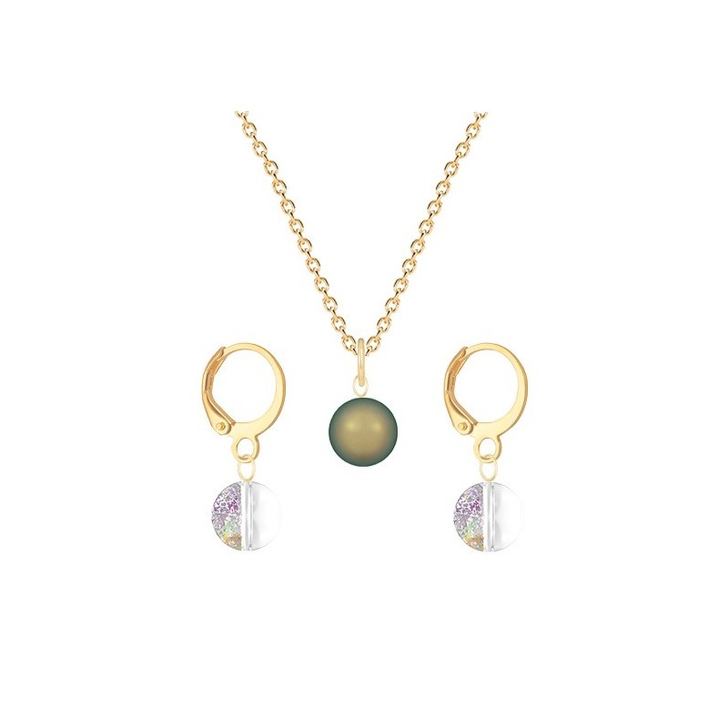 Gold Plated Premium Steel Iridescent Green Crystal Pearl Pendant With White Patina Austria Globe Hoop Earrings Set