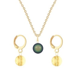 Gold Plated Premium Steel Scarabaeus Green Crystal Pearl Pendant With Golden Shadow Austria Globe Hoop Earrings Set