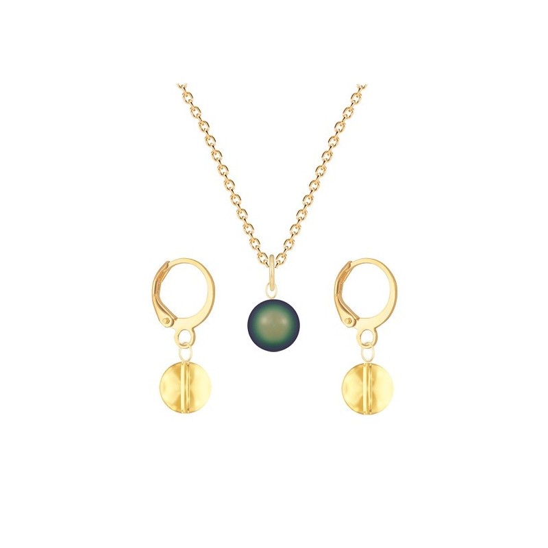 Gold Plated Premium Steel Scarabaeus Green Crystal Pearl Pendant With Golden Shadow Austria Globe Hoop Earrings Set