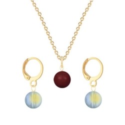 Gold Plated Premium Steel Bordeaux Crystal Pearl Pendant With Iridescent Green Austria Globe Hoop Earrings Set