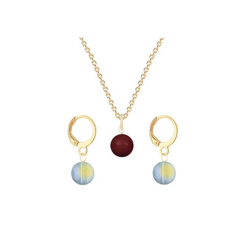 Gold Plated Premium Steel Bordeaux Crystal Pearl Pendant With Iridescent Green Austria Globe Hoop Earrings Set