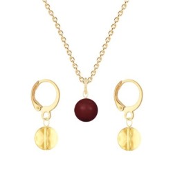 Gold Plated Premium Steel Bordeaux Crystal Pearl Pendant With Golden Shadow Austria Globe Hoop Earrings Set