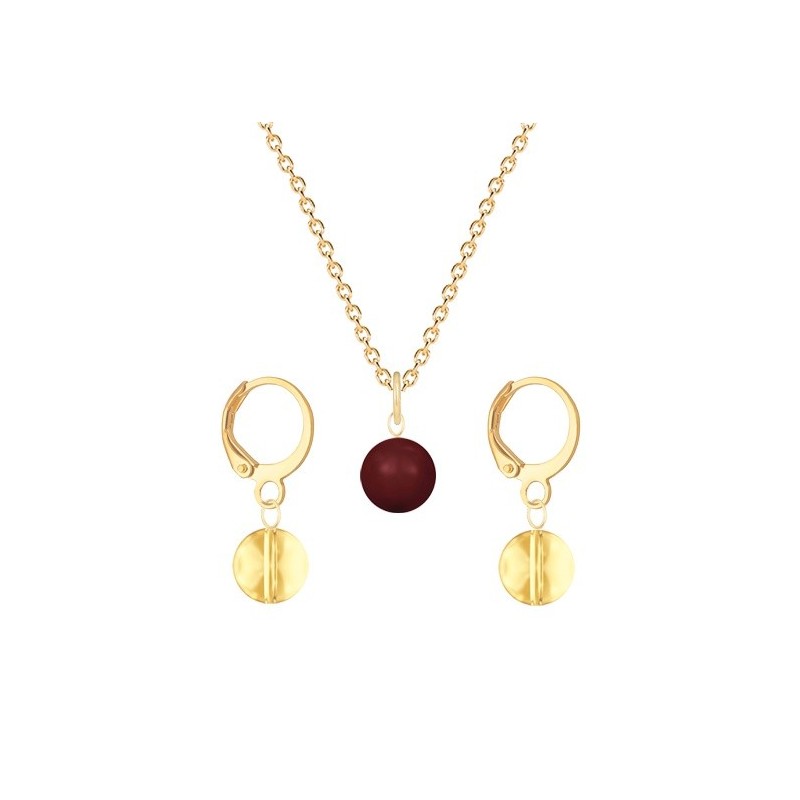 Gold Plated Premium Steel Bordeaux Crystal Pearl Pendant With Golden Shadow Austria Globe Hoop Earrings Set