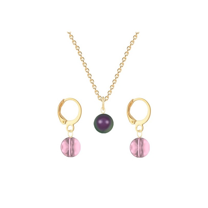 Gold Plated Premium Steel Iridescent Purple Crystal Pearl Pendant With Antique Pink Austria Globe Hoop Earrings Set