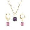 Gold Plated Premium Steel Iridescent Purple Crystal Pearl Pendant With Antique Pink Austria Globe Hoop Earrings Set