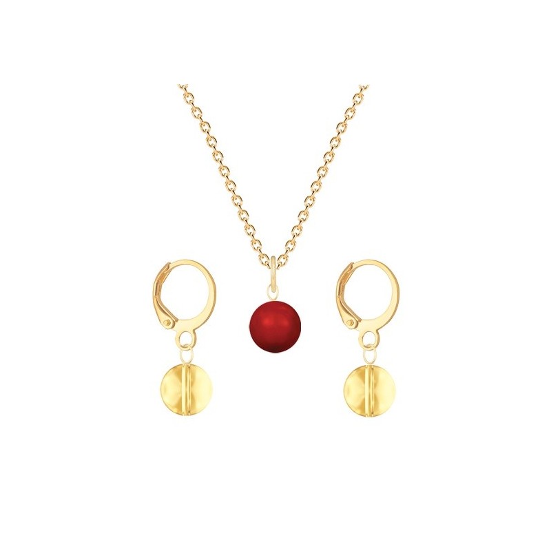 Gold Plated Premium Steel Corel Red Crystal Pearl Pendant With Golden Shadow Austria Globe Hoop Earrings Set