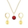 Gold Plated Premium Steel Corel Red Crystal Pearl Pendant With Golden Shadow Austria Globe Hoop Earrings Set