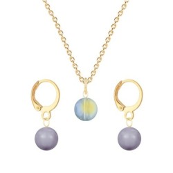 Gold Plated Premium Steel Iridescent Green 8mm Austria Globe Pendant With Mauve Crystal Pearl Hoop Earrings Set