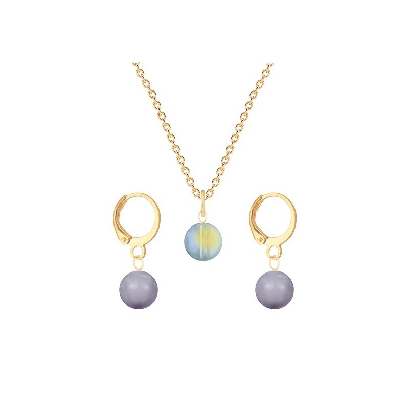 Gold Plated Premium Steel Iridescent Green 8mm Austria Globe Pendant With Mauve Crystal Pearl Hoop Earrings Set