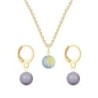 Gold Plated Premium Steel Iridescent Green 8mm Austria Globe Pendant With Mauve Crystal Pearl Hoop Earrings Set