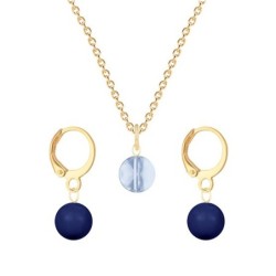 Gold Plated Premium Steel Blue Shade 8mm Austria Globe Pendant With Dark Lapis Crystal Pearl Hoop Earrings Set