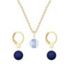 Gold Plated Premium Steel Blue Shade 8mm Austria Globe Pendant With Dark Lapis Crystal Pearl Hoop Earrings Set