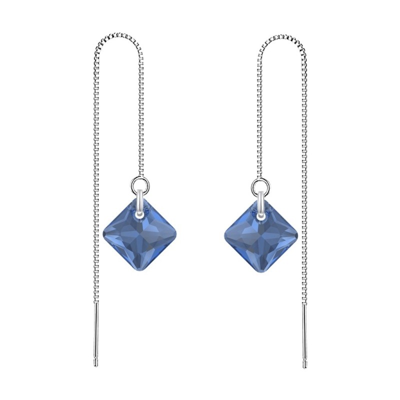 December Birthstone Montana Princess Cut Premium Austrian Crystal 18K White Gold Plated Thread Dangling Earrings