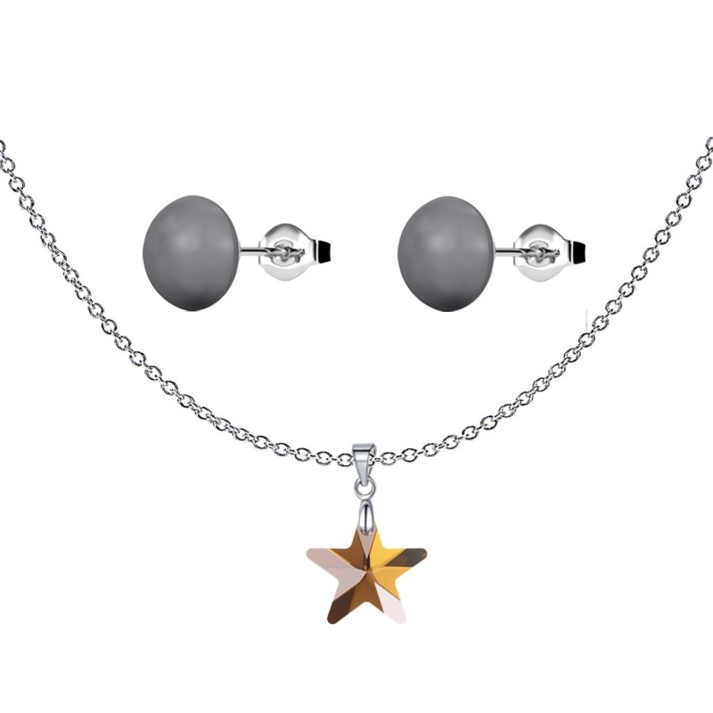 New Star Copper Austrian Crystal Pendant With Dark Grey Cabochon Crystal Pearls Premium Steel 10mm Earrings