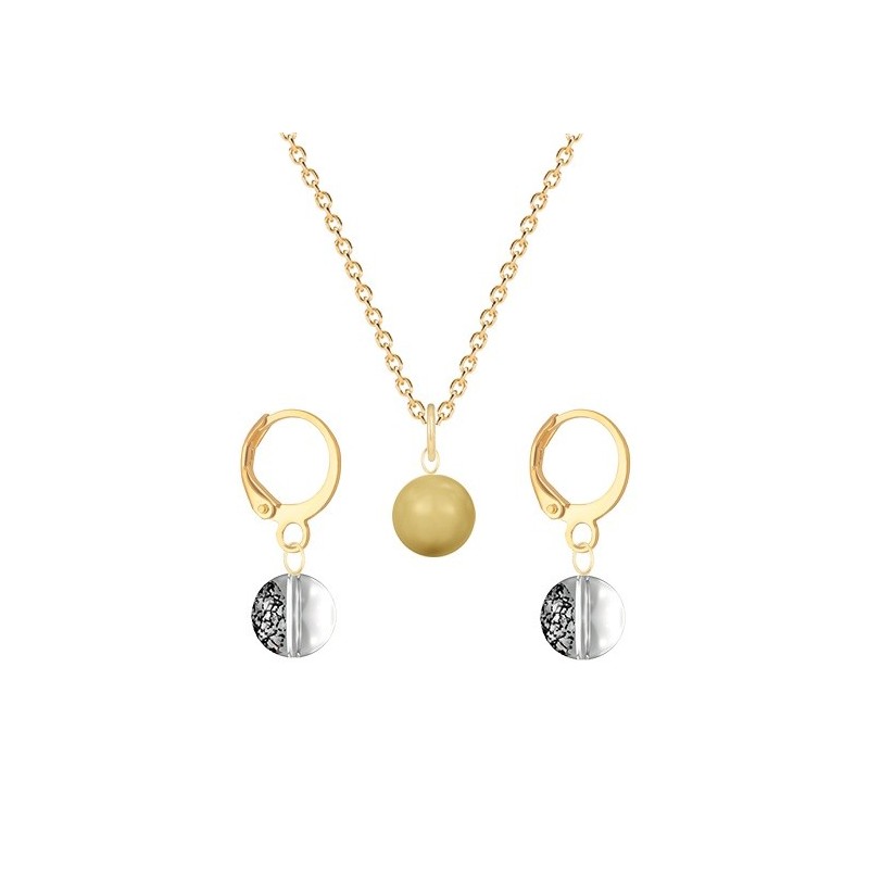 Gold Plated Premium Steel Golden Crystal Pearl Pendant With Black Patina Austria Globe Hoop Earrings Set