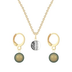 Gold Plated Premium Steel Black Patina 8mm Austria Globe Pendant With Iridescent Green Crystal Pearl Hoop Earrings Set