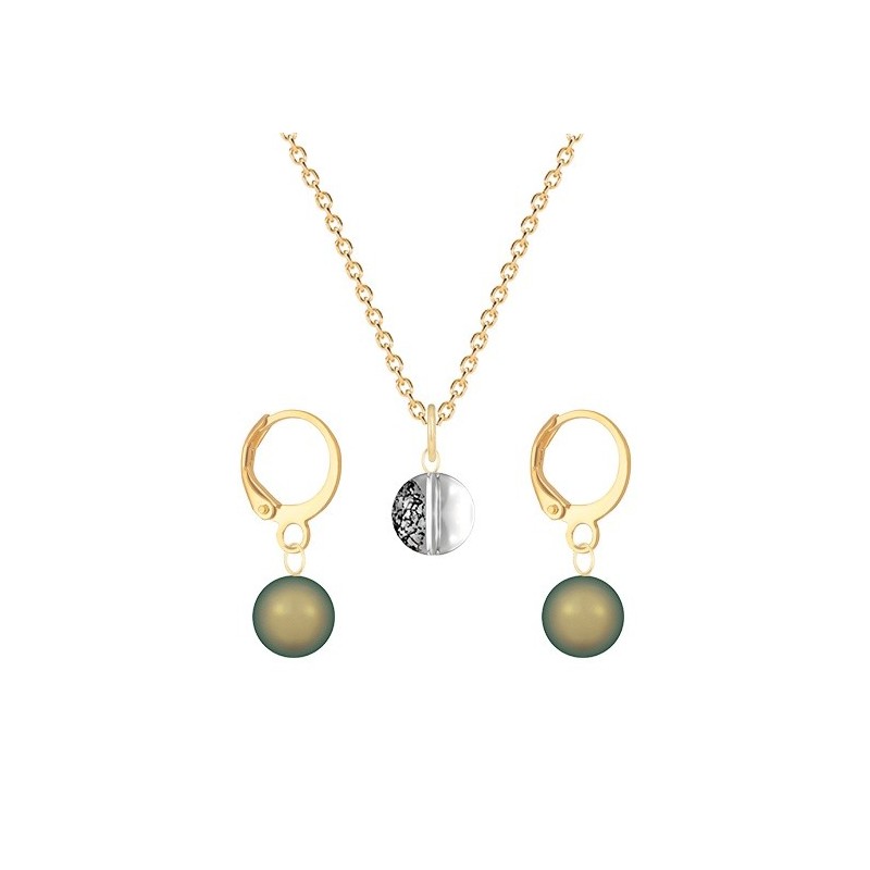 Gold Plated Premium Steel Black Patina 8mm Austria Globe Pendant With Iridescent Green Crystal Pearl Hoop Earrings Set