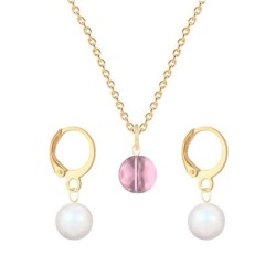 Gold Plated Premium Steel Antique Pink 8mm Austria Globe Pendant With Pearlescent White Crystal Pearl Hoop Earrings Set