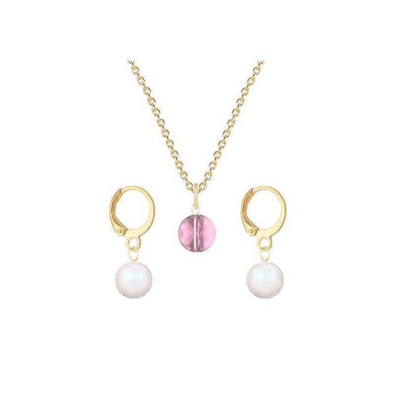 Gold Plated Premium Steel Antique Pink 8mm Austria Globe Pendant With Pearlescent White Crystal Pearl Hoop Earrings Set