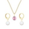 Gold Plated Premium Steel Antique Pink 8mm Austria Globe Pendant With Pearlescent White Crystal Pearl Hoop Earrings Set