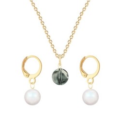 Gold Plated Premium Steel Black Diamond 8mm Austria Globe Pendant With Pearlescent White Pearl Hoop Earrings Set