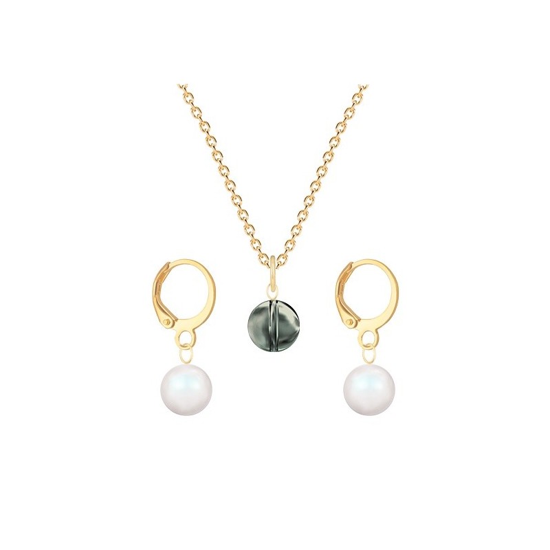 Gold Plated Premium Steel Black Diamond 8mm Austria Globe Pendant With Pearlescent White Pearl Hoop Earrings Set