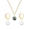 Gold Plated Premium Steel Black Diamond 8mm Austria Globe Pendant With Pearlescent White Pearl Hoop Earrings Set