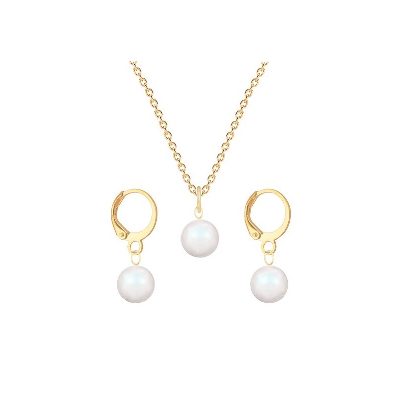 April Birthpearl Gold Plated Premium Steel Pearlescent White 8mm Austrian Crystal Pearl Pendant With Earrings Set