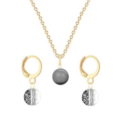 Gold Plated Premium Steel Grey Crystal Pearl Pendant With Black Patina Austria Globe Hoop Earrings Set