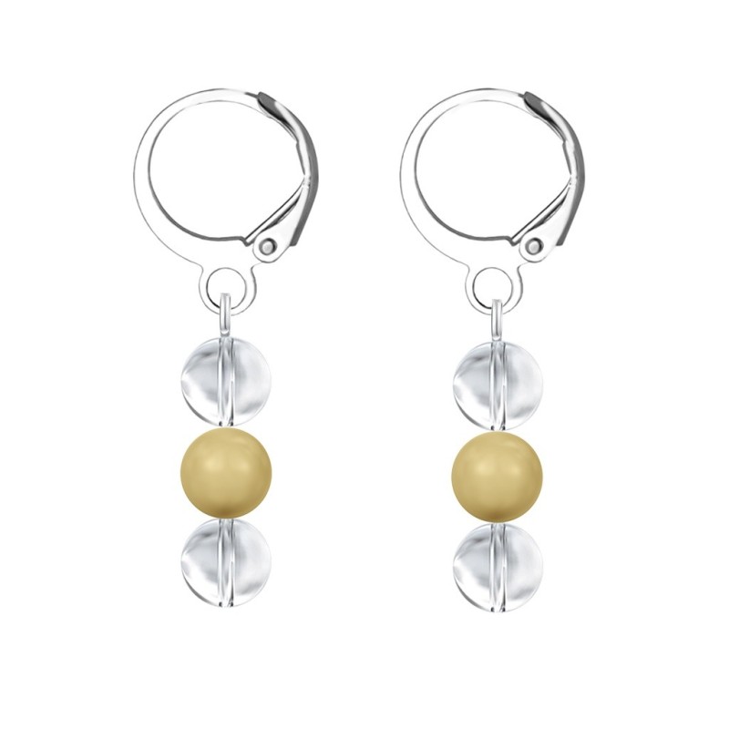 Premium Stainless Steel Hoop Clear Crystal Globe With Golden Crystal Pearl Trilogy Earrings (Made In Japan)