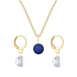 Gold Plated Premium Steel Dark Lapis Crystal Pearl Pendant With Aurora Borealis Austria Globe Hoop Earrings Set