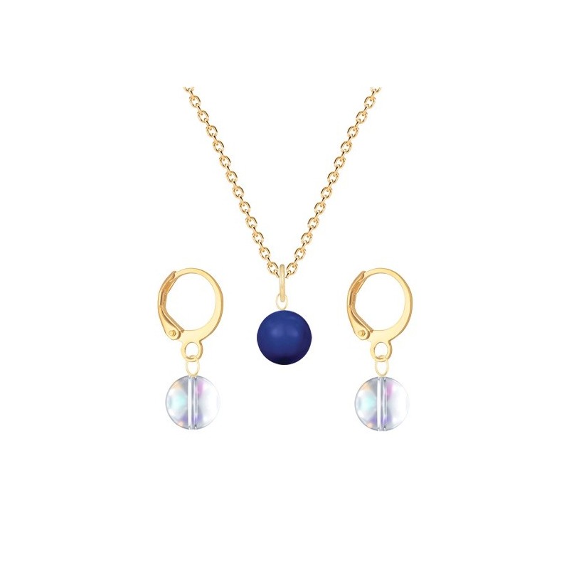 Gold Plated Premium Steel Dark Lapis Crystal Pearl Pendant With Aurora Borealis Austria Globe Hoop Earrings Set