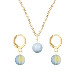 Gold Plated Premium Steel Light Blue Crystal Pearl Pendant With Iridescent Green Austria Globe Hoop Earrings Set