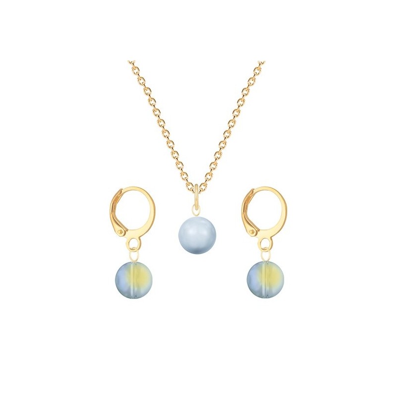 Gold Plated Premium Steel Light Blue Crystal Pearl Pendant With Iridescent Green Austria Globe Hoop Earrings Set