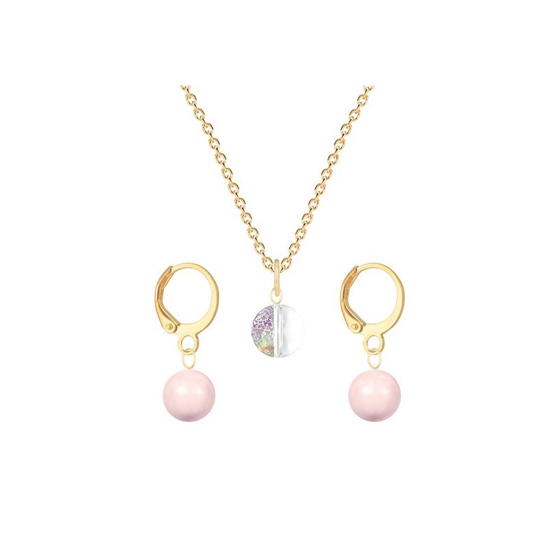 Gold Plated Premium Steel White Patina 8mm Austria Globe Pendant With Rosaline Pink Crystal Pearl Hoop Earrings Set