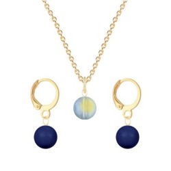 Gold Plated Premium Steel Iridescent Green 8mm Austria Globe Pendant With Dark Lapis Crystal Pearl Hoop Earrings Set